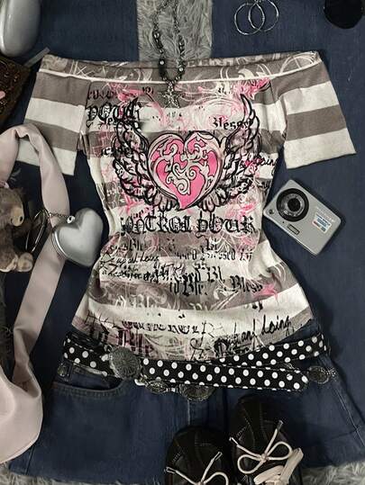 Glimmora Camiseta de manga corta con un hombro, con estampado de corazón rosa de ángel y rayas negras y grises, en estilo Y2K dulce de los años 2000, perfecta para la temporada de regreso a clases y un gran regalo para tus amigas.