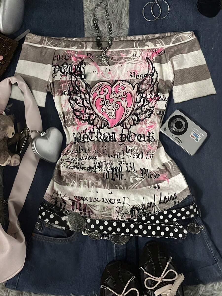 SHEIN 夏季女式 Y2K 甜美 2000 年代粉色天使爱心印花,黑色和灰色条纹单肩短袖 T 恤,非常适合返校季,也是送给女朋友的好礼物。 - 彩色 - 查看 1