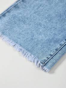 Fashionable Medium Wash Elastic Waist Blue Denim Jeans For Tween Girls, Suitable For Everyday Wear - Medium Wash - View 6