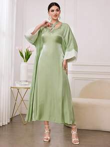 Al Najma 女士优雅奢华缎面串珠V领长袖连衣裙，适合派对和外出穿着 - 綠色 - 查看 4