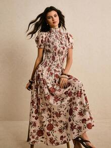 Poéselle 女士印花褶皱立领短泡泡袖优雅连衣裙，适合度假穿着 - 杏色 - 查看 6