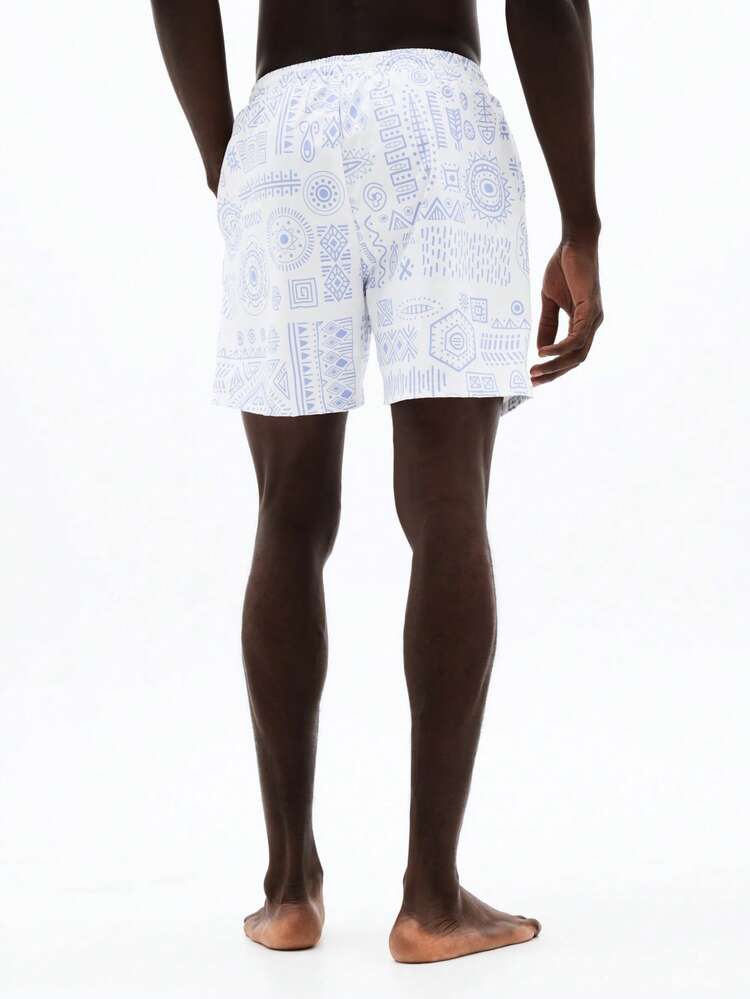 Geometric Print Swim Trunks With Side Pockets