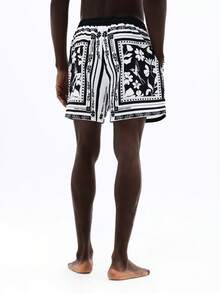 SUMWON Men's Black And White Bandana Print Swim Trunks With Side Pockets Tropical Beach Shorts Summer Vacation - Multicolor - View 2