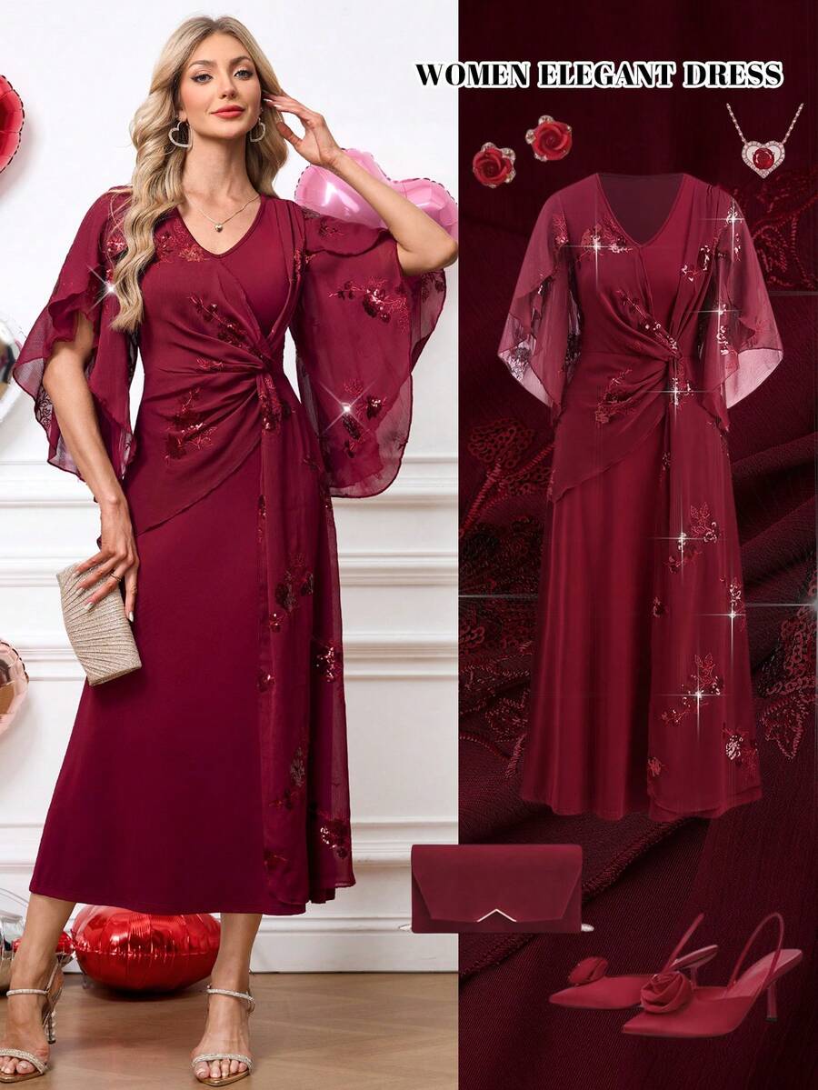 Ellevyn Women's Elegant Party Sequin Embroidery Twist Dress Valentines Day Dress Valentine's Day Valentine Outfits For Women   Bridesmaid Dress Wedding Guest Dress For Women  Wedding Guest Dress  Wedding Party Dress  Weddings & Events  Birthday Outfit For Women   Spring Outfit Women Summer Outfits   Jalabiya  Dress   Red Dress For Women