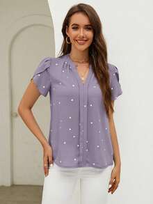 SHEIN Clasi 春季爱心印花花瓣袖V领夏季沙滩女式衬衫 - 淺灰紫 - 查看 5