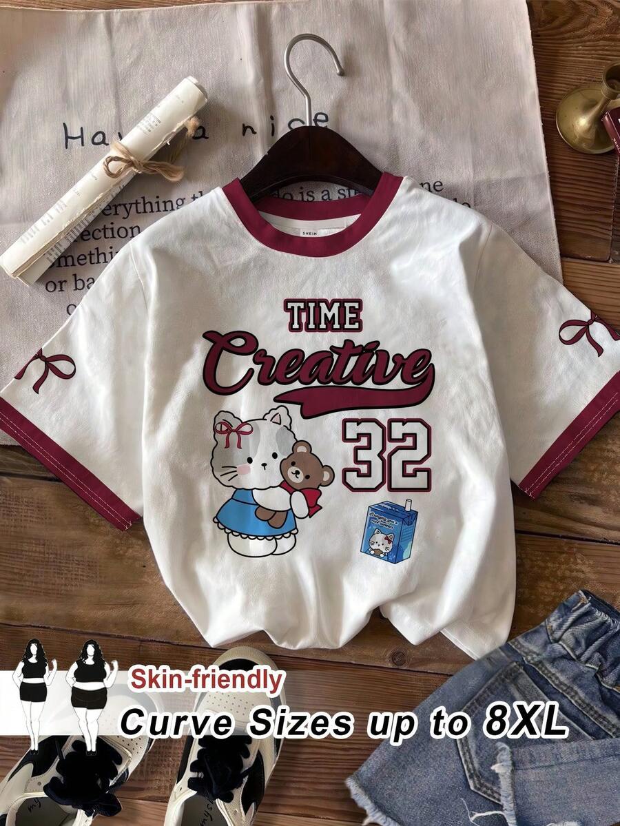 SHEIN CURVE+ Plus Size Casual Street Letter & Cartoon Graphic Short Sleeve T-Shirt, College Style Carnival - Multicolor - View 1
