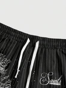 ROMWE MEN Street Life Men's Casual Striped Virgin Mary Print Street Style American Shorts - Black - View 5