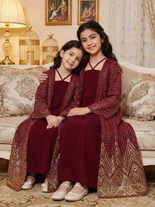 SHEIN Tween Girls' Jacket & Dress Set, Textured Fabric With Metallic Print, Comfortable, Elegant And Luxurious Appearance - Burgundy - View 8