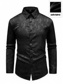 Manfinity Homme 男士黑色提花緞面正裝襯衫，長袖前扣優雅哥德風襯衫，適合秋季、晚宴雞尾酒會、婚禮派對、商務通勤，正式禮品 - 黑色 - 查看 4
