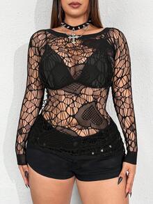 Whyspr Plus Size Women's Sexy Stand Collar Sheer Hollow Out Long Sleeve Fitted Blouse, Spring/Summer/Autumn