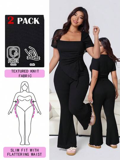 Solflare Conjunto de 2 piezas de camiseta de manga corta con cuello de cisne y pantalones pitillo acampanados, negro, talla grande, versátil para uso casual, salidas diarias, fiestas, citas, cumpleaños, festivales de música, vuelta al colegio, viajes, San Valentín, primavera y verano 2026