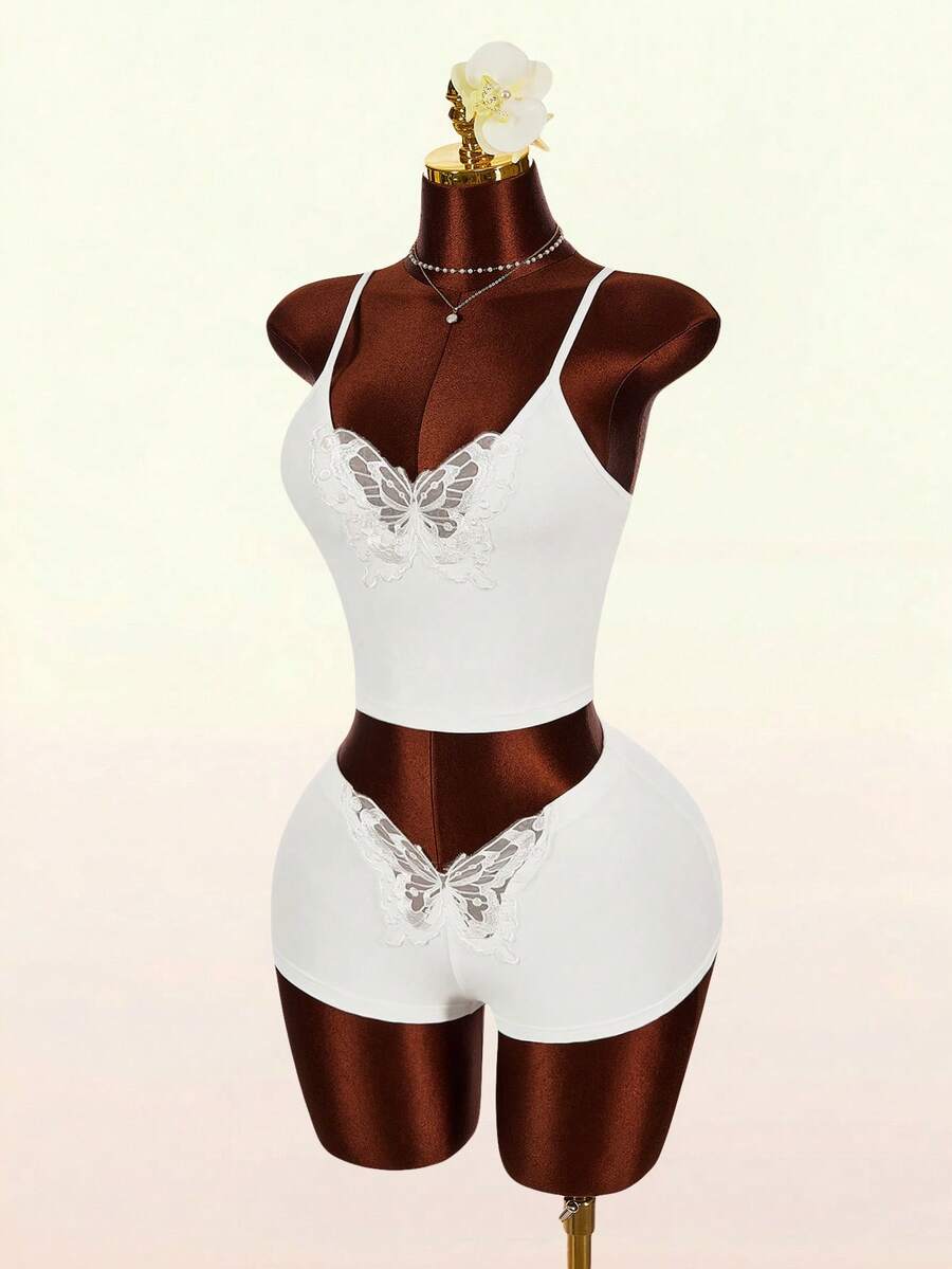 Amplova 2026新款蝴蝶装饰性感透视低胸吊带背心短裤套装，女士睡衣家居服 - 白色 - 查看 1