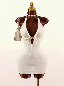 Amplova Women's Textured Front Tie Deep V Sexy Halter Mini Dress Hemp Rope Cutout Tie Bow Deep V-Neck Shell Jacquard Sleeveless Halter Neck Tie Mini Tight Backless Dress - Camel - View 5