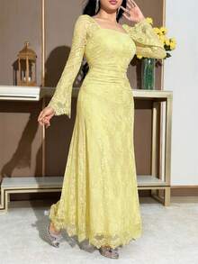 Feyla Women's Elegant Solid Color Lace Dress - Pale Yellow - View 4
