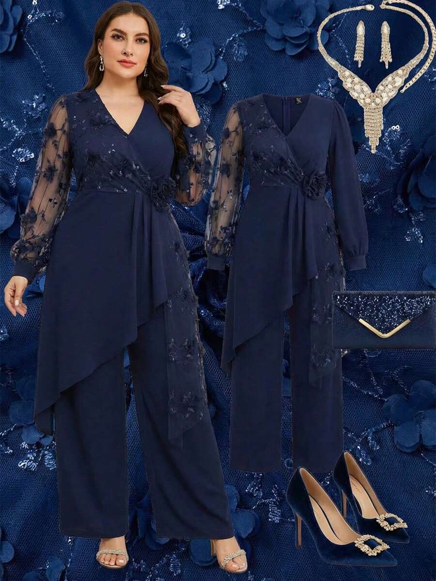 Reflora Bộ đồ dự tiệc thanh lịch dành cho nữ cỡ lớn: Áo dài tay cổ chữ V vạt không đều xếp ly phối màu tương phản + Quần ống đứng ôm sát - Màu xanh hải quân - Xem 1