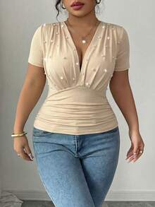 Elenzga Plus Size Women's Elegant & Chic Party Sexy Short Sleeve V-Neck Pearl Decor Waist Fitted Stretchy Knit Top, Spring/Summer - Apricot - View 6