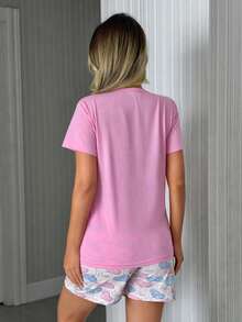 EURMUSE Femmes Coton 2 Pièces Ensemble Pyjama Confort Chemise à Manches Courtes avec Motif Nuage Lettre Contrastée et Short Rayé Motif Panda Mignon - Rose bonbon - Voir 2