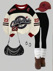 Slaydiva 2pcs/Set Plus Size Casual Colorblock Print Sweatshirt And Leggings, Suitable For Street Wear, Autumn/Winter