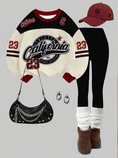 Slaydiva 2 件套大码休闲拼色印花卫衣和紧身裤，适合秋冬街头穿着