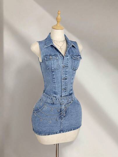 Elamini Women's Summer Fashion Washed Button Half-Placket Bodycon Denim Dress