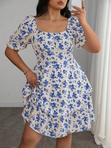 Elenzga 大码女式优雅法式蓝白碎花双层荷叶边短袖连衣裙，夏季 - 彩色 - 查看 7