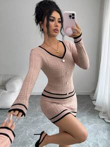 Selianne 2pcs Women's Casual Elegant Commuter Sweetheart Collar Contrast Trim Knit Top And Skirt Set, Spring/Summer - Apricot - View 1