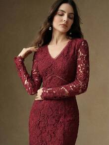 Anewsta French Elegant Embroidered Lace Spring Dress, Hollow V-Neck Long Sleeve Lace Fitted Mermaid Dress - Burgundy - View 1
