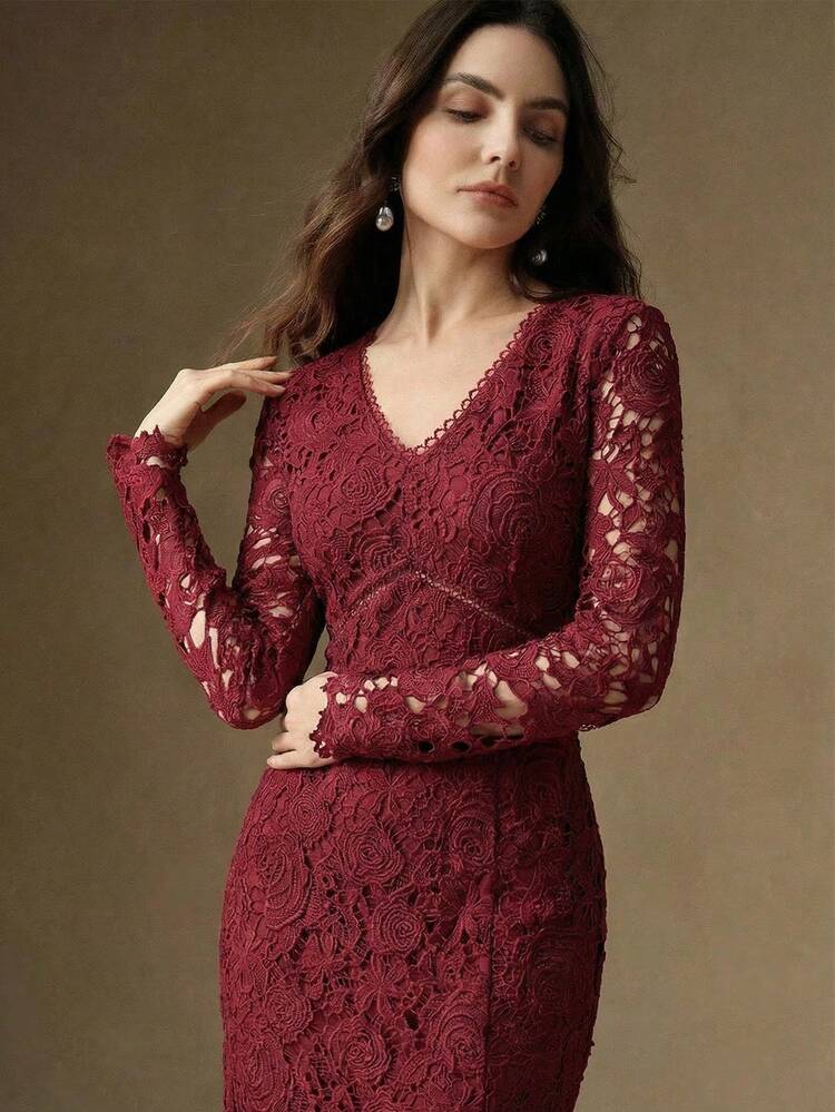 French Elegant Embroidered Lace Spring Dress, Hollow V-Neck Long Sleeve Lace Fitted Mermaid Dress