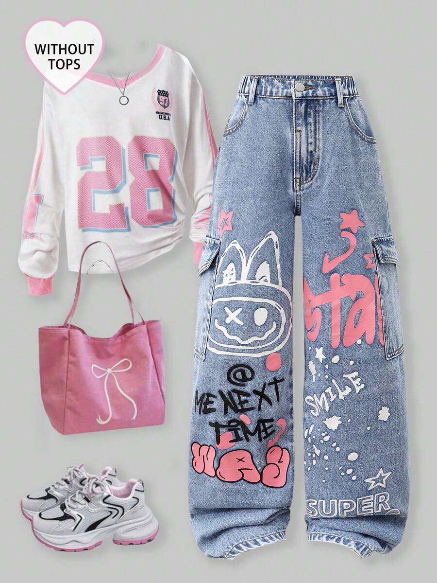 SHEIN ChillGRL 1 chiếc quần jeans nữ tuổi teen phong cách thường ngày sành điệu, kiểu dáng đường phố, in chữ hoạt hình, phong cách sinh viên, đi nghỉ mát, dáng rộng, đã giặt. - Rửa nhẹ - Xem 1