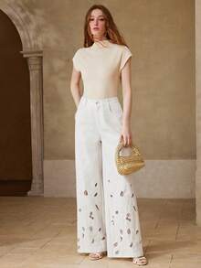 MOTF PREMIUM WOMEN'S SPRING/SUMMER COTTON HOLLOW-OUT EMBROIDERED WIDE LEG PANTS - White - View 5