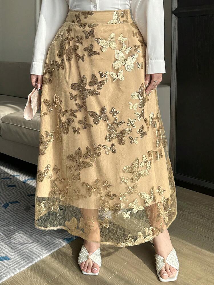 Dazy Plus Valentine Sequin Embroidered Mesh Patchwork Maxi Party Dress, Plus Size Women Gold Skirt