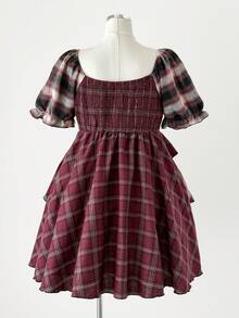 Sunspun 大码格子印花长袖不对称下摆半身裙 - 酒紅色 - 查看 2