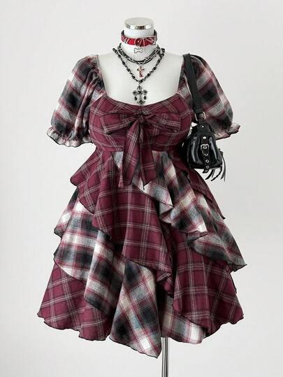 Sunspun Falda asimétrica de manga larga con estampado de cuadros para tallas grandes