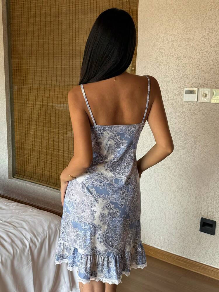 Lace Patchwork Bow Tie Adjustable Spaghetti Strap Short Dress Nightgown, Summer Sleepwear For Women