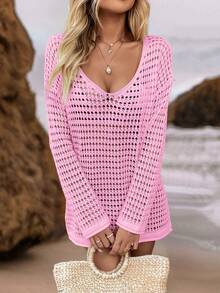 Swim Vcay Summer Holiday Beach Leisure Loose Knitted Cover-Up Hollow-Out Summer Sweater - Pink - View 4
