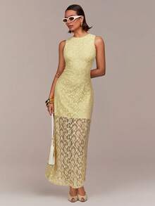 COSMINA Vestido elegante de mujer sin mangas con corte evasé de encaje, adecuado para invitada de boda, Día de San Valentín, fiesta, cita, vacaciones, fiesta de noche - Amarillo claro - Ver 6