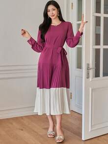 DAZY Women's Elegant Contrast Color Pleated Waist Midi Dress, Spring/Summer Wedding Guest Dress - Red Violet - View 3