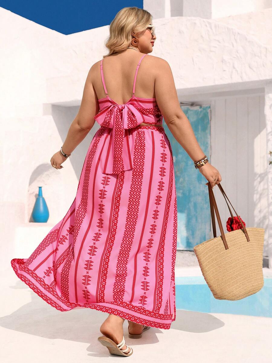 Vivid Eden Plus Size Women V-Neck Camisole Top & High Slit Maxi Skirt,Pink Boho Striped Print 2-Piece Set,Summer Beach Holiday Outfits,Criss-Cross Back Sundress - Hot Pink - View 1