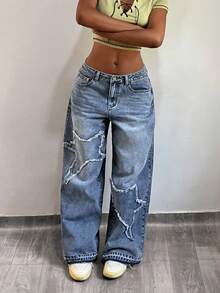 StreetHx Fashionable Casual Streetwear Patch Embroidered Star Low-Waist Distressed Jeans - Medium Wash - View 2