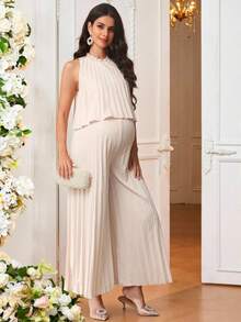 SHEIN Maternity Solid Color Casual Jumpsuit, Elegant Party Dresses , Party Outfit Elegant Two Piece Set Modest Two Piece Set Pregnancy Dress For Photoshoot Maternity Two Piece Set Beige Two Piece Set - Khaki - View 9