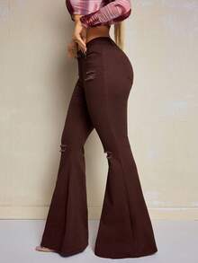 Slaydiva Plus Size Autumn Fashion Distressed Flared Jeans With Slant Pockets Brown Flare Jeans Crop Top Brown Pants 70s Clothes Ripped Jeans - Coffee Brown - View 5