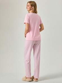 Loomlin Cottnline Cotton 2Pcs Eye Printed Short Sleeve Shirt And Striped Long Bottom Pj Set Women S Pajama Cute Pajamas For Woman - Pink - View 2