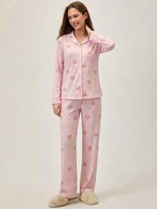 Loomlin Women 2 Pcs Button Front With Flowers&Heart Pattern Pocket Detail Long Sleeve Shirt&Pants Homewear Pajama Set - Baby Pink - View 4