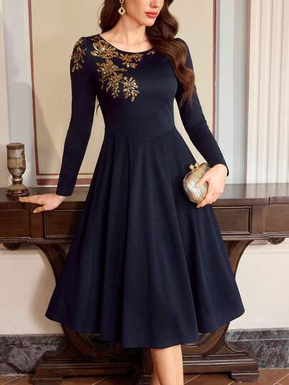 Vintamour Vintage Elegant Women's Sequin Embroidered Long Sleeve Dress, Holiday Party Dress