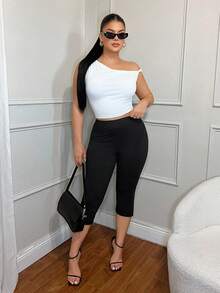 SHEIN Tall CURVE Quần legging cạp cao màu trơn dành cho nữ cỡ lớn, kiểu dáng thường ngày. - màu đen - Xem 5