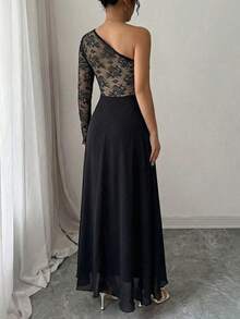 Modelyn Abito elegante da donna in stile francese, con spalla scoperta, in maglia nera con pizzo a contrasto e arricciature - nero - Visualizzare 3