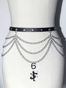 ROMWE Grunge Punk 1件女款鏈條腰帶與褲帶，黑色單層鏈條交叉裝飾哥德風腰鏈，適用於洋裝的百搭配件，萬聖節裝飾 - 黑鉚釘星星鏈條腰帶 - 查看 8