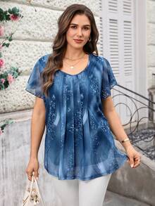 EMERY ROSE 大码女式蓝色花卉印花 V 领荷叶边短袖休闲衬衫，夏季