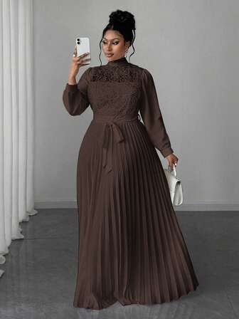 Maweii Plus Size Women Elegant Patchwork Waist Cinched Long Dress