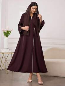 Al Najma Women's Everyday Commute Trim Design Gold Button Flare Sleeve Long Sleeve Abaya Robe - Brown - View 4